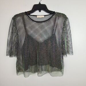 By Together Rhinestone Mesh Blouse Black Iridescent Small Sheer Party Might Club